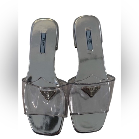 Prada Ciabette Clear Flat Sandals in Argento - Picture 1 of 9